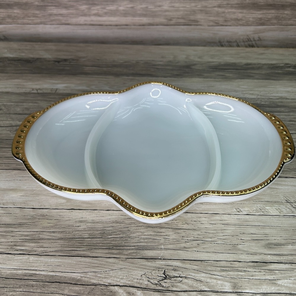 Fire King Milk Glass Hobnail Gold Trim Relish‎ Plate Vachina USA